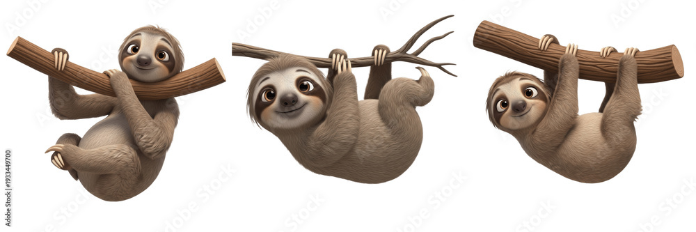 Naklejka premium Cute Sloth Cartoon Mascot Set, Funny Three-Toed Arboreal Character Illustrations, 3D Render Tropical Animal Stickers, Isolated Sloth PNG Collection for Kids Creative Projects