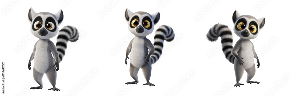 Naklejka premium Cute Lemur Cartoon Mascot Set, Funny Ring-Tailed Primate Character Illustrations, 3D Render Madagascar Forest Animal Stickers, Isolated Lemuridae PNG Collection for Kids Creative Projects