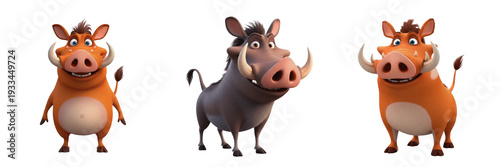 Schilderij op canvas Realistic Warthog Cartoon Mascot Set, Funny Wild Boar Character Illustrations wi