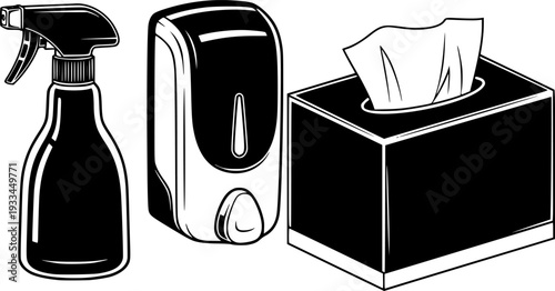 Black and white of hygiene and sanitation products including soap dispensers tissue box and spray bottle
