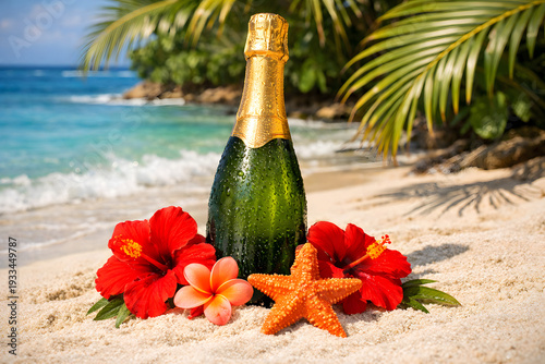 A champagne bottle standing in white sand, Vibrant crimson hibiscus flowers, tropical still life gentle turquoise waves lap at the shoreline