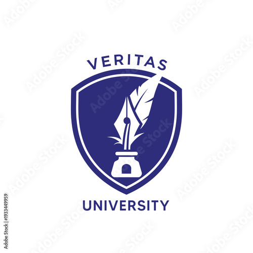 Academic shield with fountain pen and inkwell for higher education branding Veritas University logo