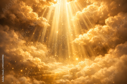 Ultra cinematic heavenly sky, golden clouds slowly parting, divine volumetric light beams piercing through soft clouds