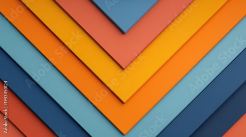 Abstract geometric pattern of layered chevron shapes in muted blue, orange, and red tones creating depth and symmetry.