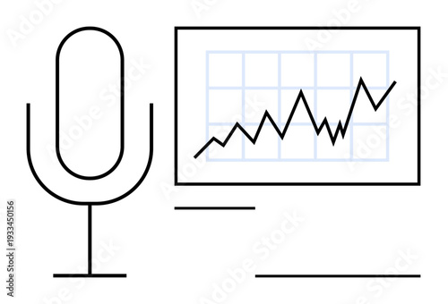 Audio analysis, podcasting tools, data insights, media monitoring, sound trends, broadcast analytics. A microphone next to a rising line graph. Audio analysis and podcasting tools concept