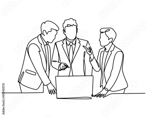 Three businessmen in suits discussing and working together on a laptop