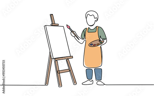 A cartoon artist standing in front of an easel with a paintbrush and palette, ready to create a new masterpiece.