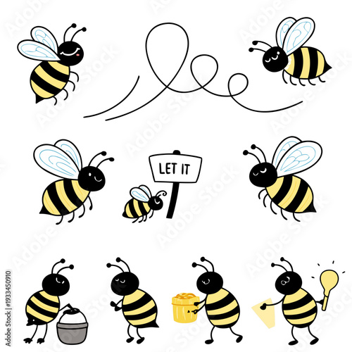 Cute cartoon bees collection flying with path trails, let it sign, collecting honey, and holding lightbulb idea