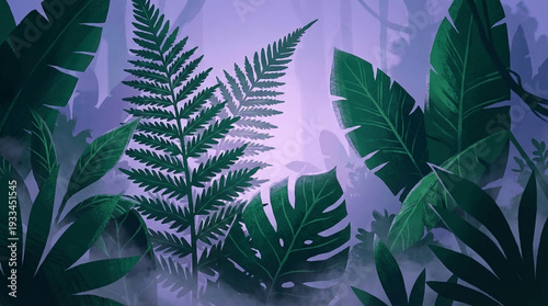 Illustration of dense, green tropical foliage with large leaf and fern detail, creating exotic, verdant environment, representing lushness and nature's vibrancy