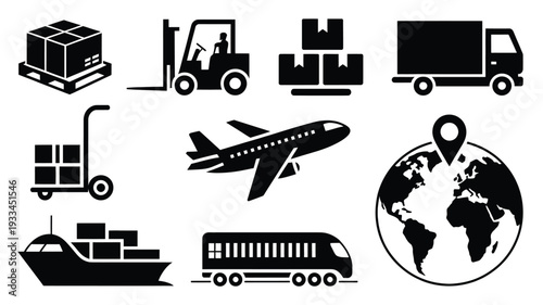 A clean vector illustration featuring various logistics and transportation icons, including trucks, airplanes, ships, and buses, conveying global shipping and delivery concepts in a flat design style.