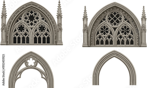 Black-and-white vector silhouette illustration of four Gothic-style windows with ornate tracery, pointed arches, quatrefoils, and floral motifs, symbolizing medieval architecture