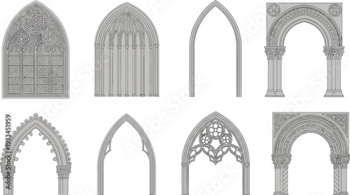 "Collection of eight Gothic architectural window and arch illustrations featuring pointed arches, ornate tracery, decorative carvings, mullions, columns, and medieval cathedral design elements"
