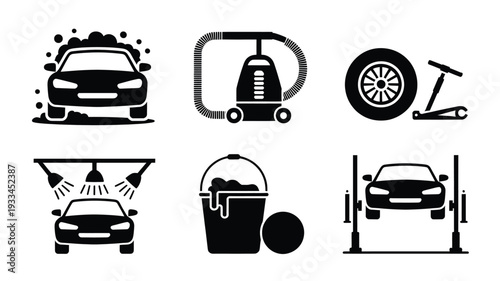 A set of black car wash and repair service icons on a white background, including car washing, vacuuming, tire changing, car lift, bucket and soap, and drying, flat design