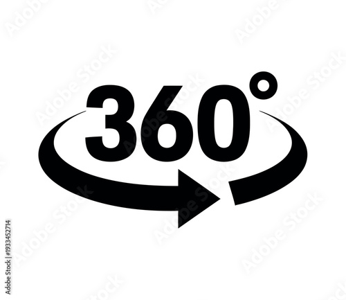 A black 360 degree symbol on a white background
