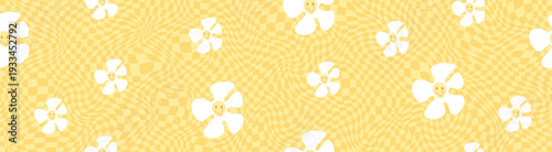 Pattern Checkerboard Checker with Retro Y2k Background and Chess Aesthetic Daisy. Seamless Groovy Texture with Chessboard Gingham Wavy and Abstract Pink Cute. Square 80s Pattern with Board.