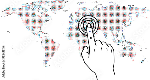 Finger taps a centralized point on a pixelated world map illustrating global reach or data targeting in a simplified.