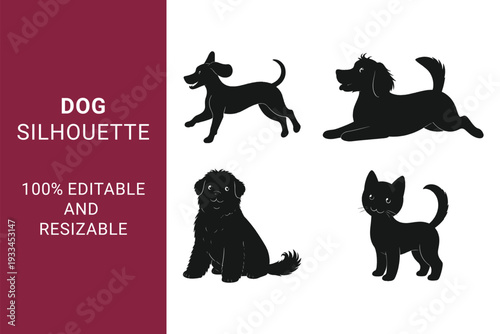 Dog Silhouette set with Various Breeds and Poses while they are Jumping, Running, and Sitting can be use able for Pet Branding and Logos 100% editable