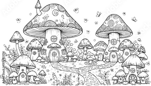Whimsical mushroom house with smaller mushroom homes and garden path in black and white fantasy fairy
