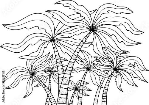 Whimsical black and white of a tropical palm tree grove with wavy fronds and textured trunks nature
