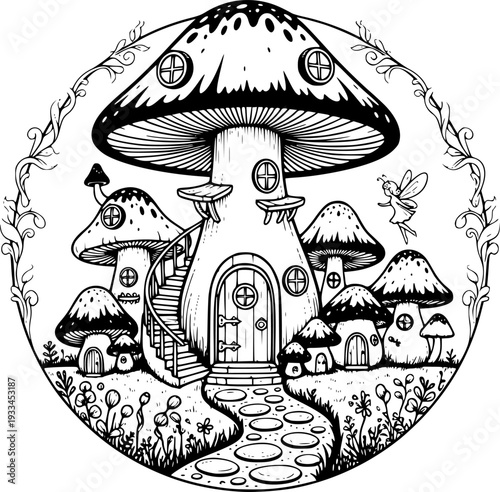 Whimsical mushroom house with smaller mushroom homes and garden path in black and white fantasy fairy
