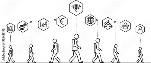 Businesspeople walk across a line while connected to various hexagonal icons representing digital data flow.