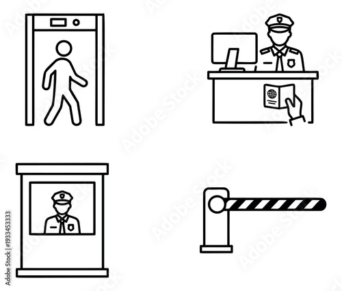 Line art security checkpoint set featuring a metal detector, border control officer, security guard booth, and barrier gate for access control