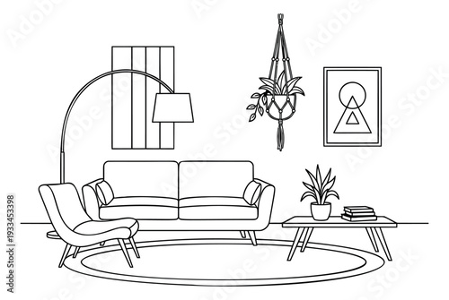 Line art illustration of a cozy living room depicting modern furniture and plants for interior design