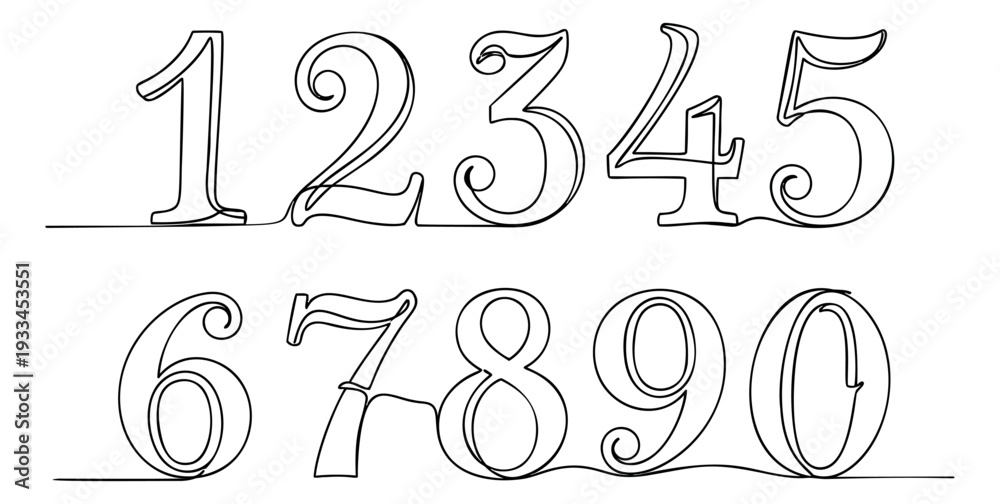 Obraz premium Hand drawn continuous line art numerals set featuring digits from zero to nine for various design projects