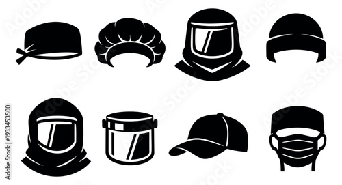 Silhouette protective headwear set featuring various caps, masks, and helmets for safety and professional use