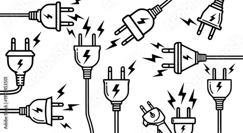 Electric plugs with lightning bolts in simple style electricity power
