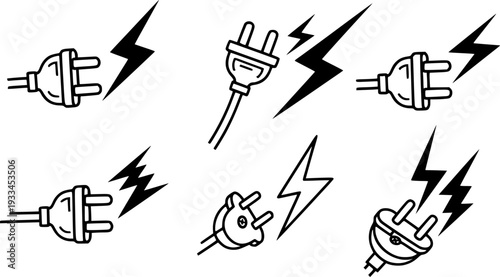 Electric plugs with lightning bolts in simple style electricity power

