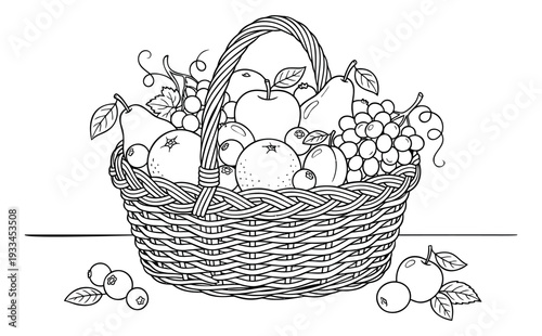 Hand drawn line art fruit basket set featuring apples, pears, grapes, oranges, and blueberries for healthy food concepts