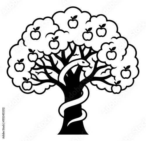 Line art illustration of the tree of knowledge depicting a snake and apples for biblical symbolism