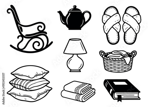 Hand drawn cozy home items set featuring a rocking chair, teapot, slippers, lamp, laundry basket, pillows, blankets, and a book for comfortable living and relaxation