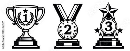Simple line art award set featuring a first place trophy, a second place medal, and a third place star award for competition and achievement