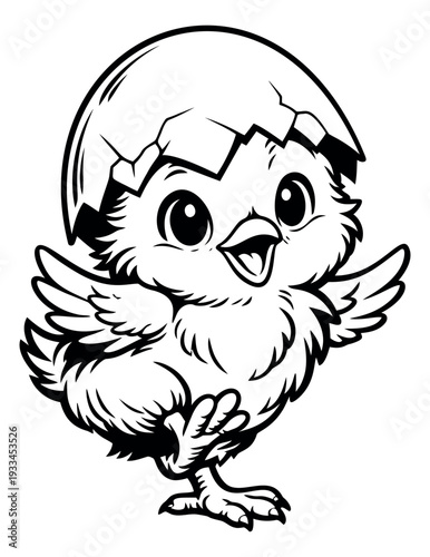 Hand drawn line art illustration of a cute chick depicting it emerging happily from an eggshell for Easter and spring designs
