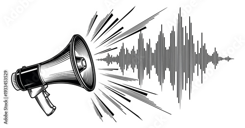 Line art illustration of a megaphone depicting sound waves for public communication