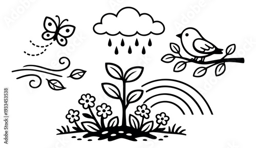 Line art nature set featuring a butterfly, bird on a branch, raining cloud, wind with leaves, growing plant with flowers, and a rainbow for spring season