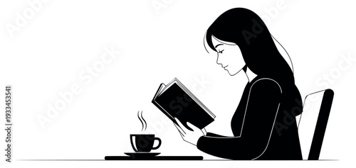 Minimalist line art illustration of a woman depicting her reading a book and enjoying coffee for leisure
