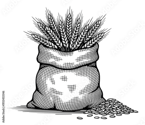 Hand drawn line art illustration of a wheat sack depicting ears and spilled grains for farming and harvest