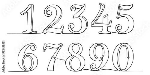 Hand drawn continuous line art numerals set featuring digits from zero to nine for various design projects
