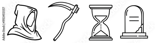 Line art mortality symbols set featuring a hooded figure, scythe, hourglass, and tombstone for halloween and concepts of time
