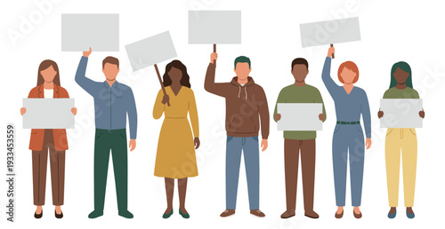 Flat design people with signs set featuring a diverse group of men and women holding blank placards for activism and public communication