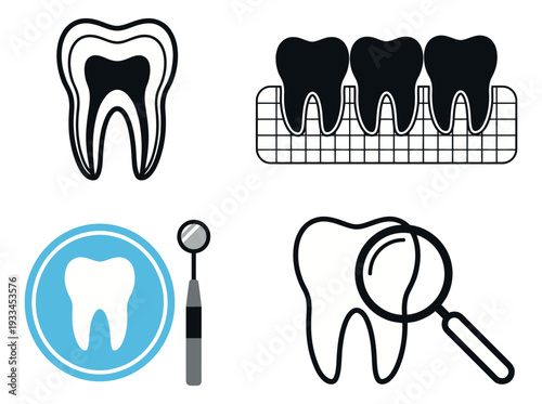 Line art dental icon set featuring various teeth and examination tools for oral hygiene and dentistry
