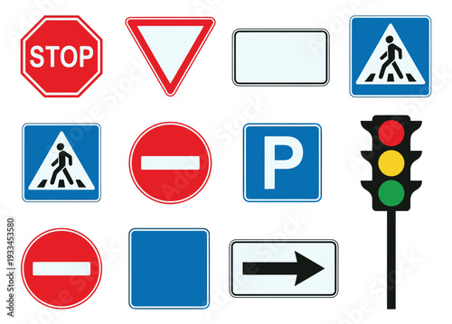 Modern flat traffic signs and signals set featuring stop, give way, pedestrian crossing, parking, and no entry symbols for road safety