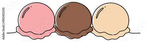 Hand drawn line art ice cream scoops set featuring strawberry, chocolate, and vanilla flavors for sweet summer treats