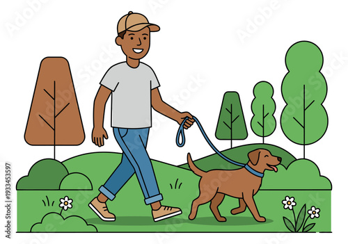 Line art illustration of a man walking his dog depicting a stroll in the park for outdoor recreation