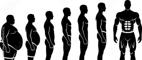 Male body types from overweight to muscular with defined abs shown in simple shape figure
