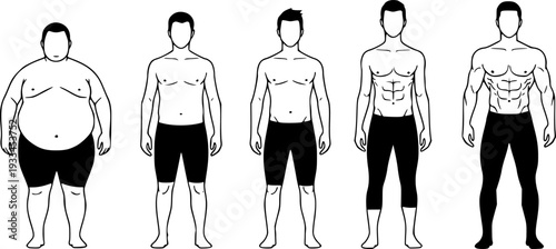 Male body types from overweight to muscular with defined abs shown in simple shape figure
