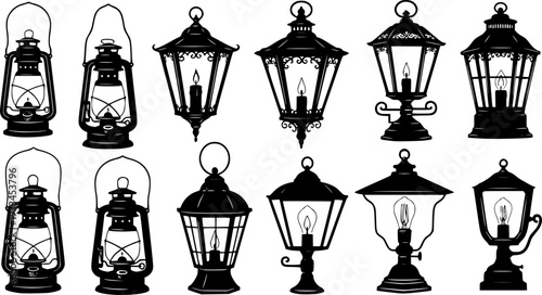 Collection of black silhouette vintage lantern and lamp light
